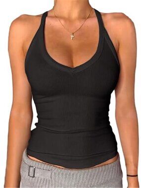 Black Ribbed V-Neck Racerback Tank Top Padded Fitted Cami